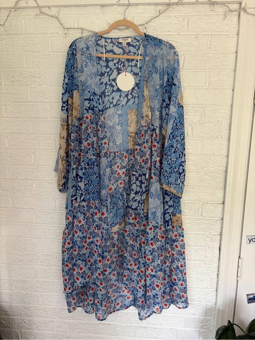 Umgee Blue Floral Patchwork 3/4 sleeve Kimono - Picture 3 of 8